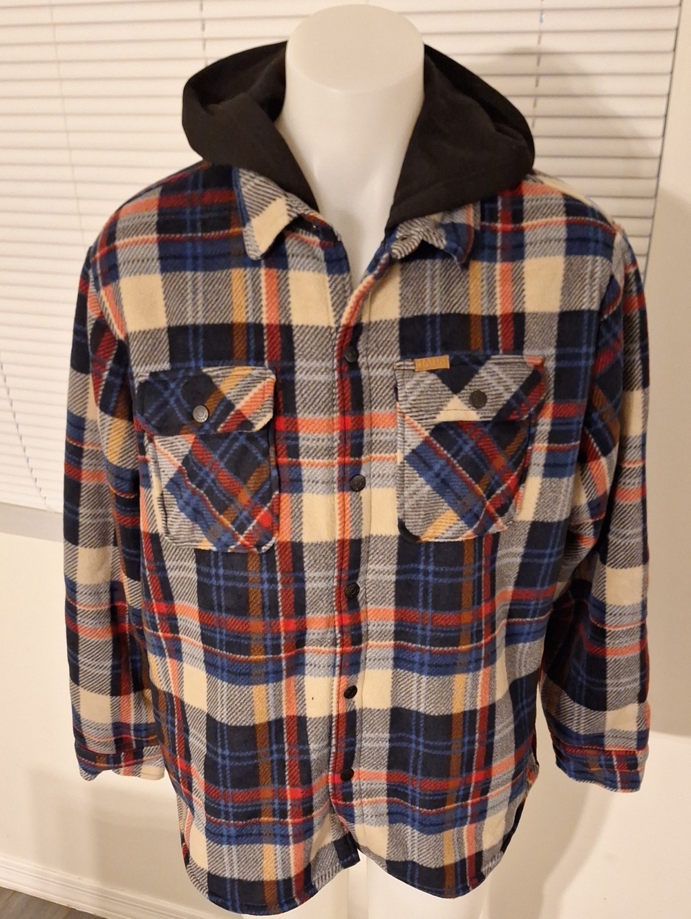Matix Hooded Plaid Flannel Jacket in Blue, Cream & Red